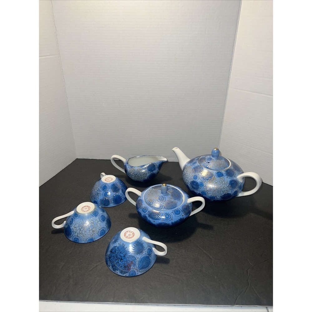 Japan Genuine Kutani blueGold Teapot Creamer Sugar Tea Set Chrysanthemum Peonies